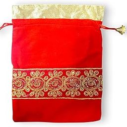 Decorative Red Velvet Potli Bags with Gold Embroidery, Drawstring Gift Pouches, Set of 10-image-48