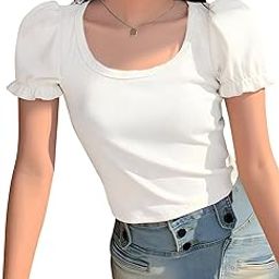 perfette wollo Puff Sleeve Scoop Neck Tee Women's Tops-picture-26
