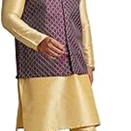 Plus (Since 1958) Men's Silk Blend Gold Kurta & Pyjama with Embroidered Nehru Jacket-image-56