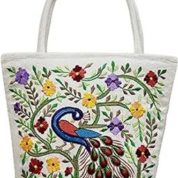 Lavanya Latest Fashions Raw Silk Embroidered Handbag with Fabric Handle | Floral/Peacock Designer Handbags for Girls and Women | Embroidery Hand Bag | Women Embroidery Ethnic Handbag-4