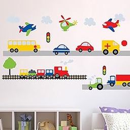 Wall Decals for Kids Room, Colourful Vehicles Stickers with Train, Cars, Planes, Helicopter, School Bus (Multicolor 106 cm x 61 cm)-image-99