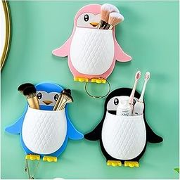 Toothbrush Holders for Bathroom Plastic Wall Mounted Self Adhesive Brush Holder, Toothpaste, Shaver, Razor & Makeup Brush Holder (2 Pcs Penguin Toothbrush Holder)-image-69