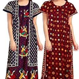 Women's Pure Cotton Nightwear Casual Nighty (Blue DANDIYA Maroon STAR-23 XL)-image-1