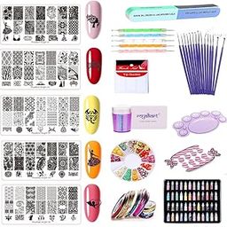 Royalkart Nail Art Kit For Girls|48 Pcs Glitter Bottles Rhinestones|15 Nail Art brush|5 Stamping Plates,Dotting Pen|French Nail Stamper,Scraper,Finger Rest,Nail Art Buffer,Fimo Clay Wheel,Finger Tip Guide|10 Stripping Tape(Angel)-22