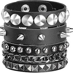 3 Pcs Black Leather Punk Rock Bracelets with Spike Studded Rivet Chain Wristband Adjustable-5
