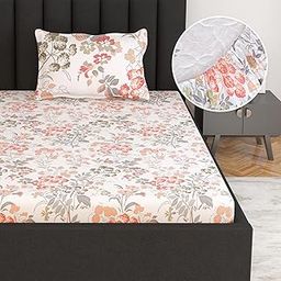 Divine Casa 144 TC 100% Cotton Floral Print Peach Super Soft Elastic Fitted Bedsheets Single Bed - 198 x 90 CM-image-21