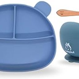 Babylief Bear Shaped Silicone Plate with Suction Base, Wooden Handle Spoon, 20 cm, Available in 5 Colours (Powder Blue)-image-72