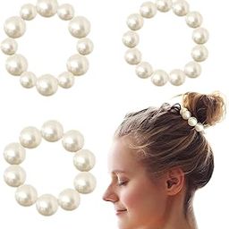 Pearl Hair Tie Scrunchies, Elastic Hair Ties with Pearls, White Elegant Pearl Ponytail Holder Bracelet Hair Ties, Hair Pearls Accessories for Women Girls - 3pc, White.-picture-41