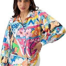Official Satin Regular Fit Shirt: Disney Mulan Women's And Girls Long Sleeve Collared Neck Button Down Multicolor All Over Printed Polyester Shirts-14