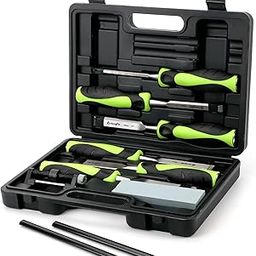 Yougfin Wood Wooking Tools Chisel Set Carving Professional 10 Pcs, CR-V Steel Beveled Edge Blade Heavy Duty Chisels 6pcs with Honing Guide, Sharpening Stone and 2 Carpenter Pencils, Green & Black-10