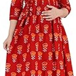 Women Rayon Comfortable Round Neck Three Quarter Sleeves Anarkali Maternity and Nursing Kurta Red-image-78