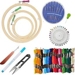 KHUSHA CREATIONS Embroidery Kit for Beginners with 3 Wooden Hoops (9, 7, 5 Inch), 15 Multicolor Threads, Water Erasable Pen, Needles, Thread Cutter, Seam Ripper & Moti Pins – DIY Sewing Craft Set-19