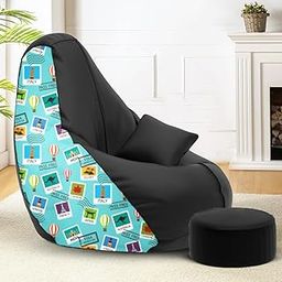 Amazon Brand - Solimo Premium Faux Leather Bean Bag Combo with Footrest & Cushion, Filled with Beans | Capacity: Upto 6 Ft 3 in Height, 120 KG Weight | 3XL | Globe Trotter | Black-image-51