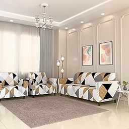 Furshine Sofa Cover 3 Seater and 2 Seater Fully Covered Universal 5 Seater Sofa Cover Non-Slip Sticky Elastic Stretchable Sofa Set Slipcover Protector for (3+1+1 Seater), Grey Brown Geometric-image-78