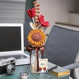 Happy Threads| Handmade Crochet Sunflower & Tulips in Bottle Vase, Father's Day Special Bouquets, Best Decorative & Gifting Items for Home and Office,thoughtful gifts-image-41