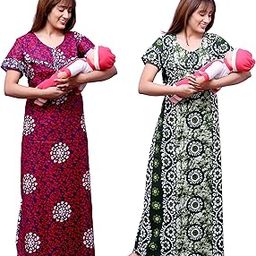 Stylish Printed Pannel & Batic Feeding/Maternity Pure Cotton Nighty/Nightgown/Night Dress Combo for Women and Girls - (Free Size, Pack of 2)-24