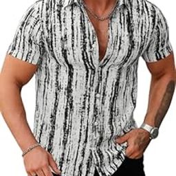 Uiriuy Men’s Designer-Inspired Summer Shirt – Short Sleeve Brushed Stripe Print – Slim Fit Button Down for Resort & Casual Wear-picture-0