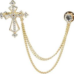Golden Alloy Stone Cross with Hanging Chain Brooch for Men-picture-50