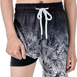 Boys Swim Trunks with Boxer Brief Liner Compression Swimming Shorts Quick Dry Swimwear, Black White Leaf, 10-12-image-71