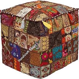 Ottoman Pouffes for Sitting Mudda Stool Pouffe Cover Square Footstool Pouffe Sofa Footstool Khambadiya Patchwork Cover 16x16x16 Inch Brown Color-image-89