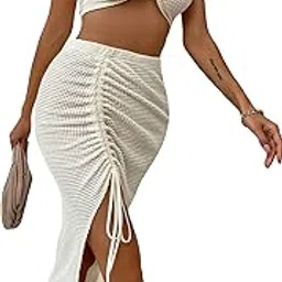 quecy Women's Sexy 2 Piece Outfits Tie Back Halter Top and Drawstring Split Long Skirt Set |Beige |L-picture-49