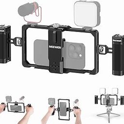NEEWER Upgraded Phone Rig Vlogging Kit, Video Stabilizer with Dual Handle, Wireless Mic Clip Slot for Tiktok/YouTube, Compatible with SmallRig iPhone 14 Pro Max 13 Pro Max Galaxy S23, PA009, Black-25