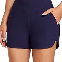 Women's 3" High Waisted Swim Shorts Bottoms Tummy Control Quick Dry Swimsuit Board Shorts with Pockets UPF 50+, Dark Blue, XX-Large-image-81