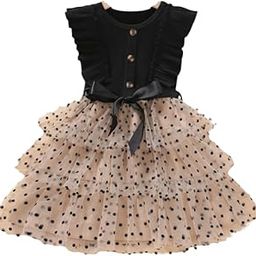 Toddler Girls Polka Dot Ruffle Trim Belted Mesh Dress Floral Pattern Frock for Girls (KD-1015)-image-62