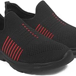 Slip-on Mesh Walking Shoes, Black with Red Stripes, Breathable Knit Fabric, Lightweight Casual Sneakers-image-74