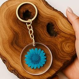 Handmade Resin Keychain with Real Blue Daisy, 3.5 cm Round Pendant, Metal Chain and birthday gift and return gift colour may very as per products avilability-image-32