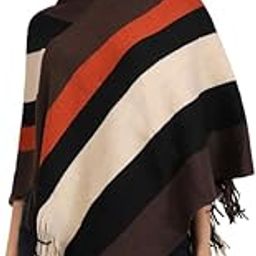 Women’s Elegant Knitted Poncho Top with Multi Striped Patterns and Fringed Sides for Winter (SC 09 Cap)-image-79