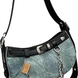 Cool jean! Y2K Style Denim Hobo Shoulder Bag with Chain Detail, Black Trim, Silver Buckle-image-59