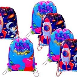 Birthday Party Return Gifts Pack Of 12 Pcs Non-Woven Space(6) And Peppaa Pigg(6) Print Drawstring Backpack Bag Haversack Bags for Kids/Boys/Girls Birthday Return Gift/Party Favour Gift-1