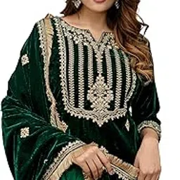 trendmalls Women's Velvet Embroidery Salwar Suit Set Kurta Pant with Dupatta Green Kurta Set for Women-picture-40