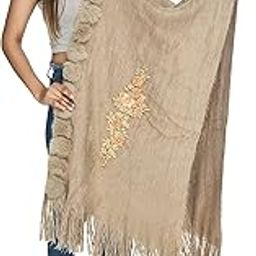 Women Solid Woolen Kashmiri Flower Embroidery Neck Fur Ball Stole SC_27-image-23