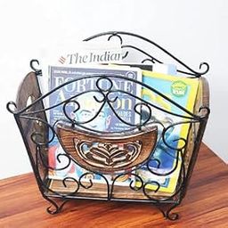 Wrought Iron & Wooden Magazine Cum Newspaper Basket - Stylish and Durable Organizer for Home & Office (41x38X20) cm.-23