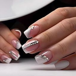 Secret Lives Glossy Reusable Artifical Fake False Press on Nails for Women Light Pink & White Color Combo with 3D Studs 24 PCS Set with Kit-24
