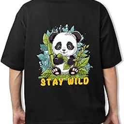 Wild Panda Black Men Oversized Printed T-Shirt-image-43