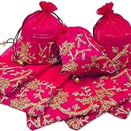 KRIWIN Pack of 10 Women's Silk Drawstring Closure Embroided Gift Potli Bags Pouches 7 X 5 inch Capacity- 250 gram (Magenta)-image-33