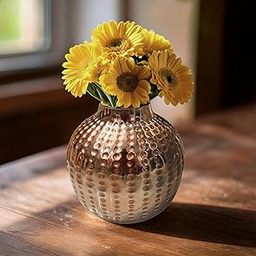 Kraft Seeds Round Hammered Rose Gold Metal Vase | 6.2" ht, 373gm | 1pc (Without Flowers)| Dry, Artificial Flower Vase | Vase for Home Decor, Side Table, Office, Living Room, Events-18