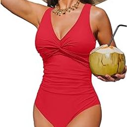 One Piece Swimsuit for Women Vintage V Neck Twist Bathing Suit Tummy Control Slimming Monokini, Red, Medium-image-36