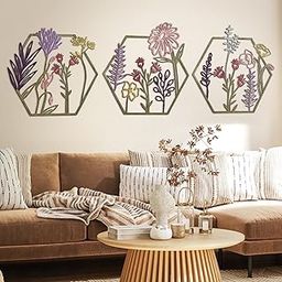 HASTHIP® 3Pcs Modern Colorful Floral Hexagon Wall Decor,Wrought Iron Metal Wall Hangings Set,32x32cm Cut-Out Art Decorative Decor Items for Living Room Bedroom & Office-image-80