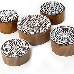 Hashcart | Set of 5 | Handcarved Wood Floral Design Round Printing Stamps for Scrapbooking Fabric Textile Paper Clay Pottery Saree Border-image-19