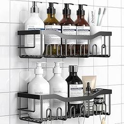 Sulfar Bathroom Rack for Shampoo Organizer with Shelf Adhesive Bathroom Shelf Rack Self Adhesive Wall Storage Organizer for Kitchen and Bathroom (Black) Pack of 2-image-49