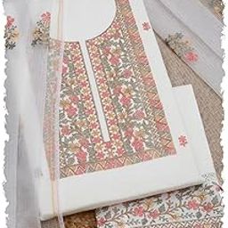 Womens White Cotton Embroidered Unstitch Dress Material With Thread Work-image-80