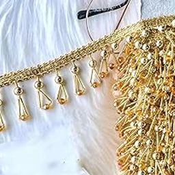 LACESNMORE Crystal Hanging Lace Golden Tassels Latkan Laces Heavy Pipe Border for Dresses Saree Blouse Crafts, Home Decor- 3 mtr-24