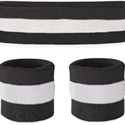 Suddora Striped Sweatband Set - (1 Headband and 2 Wristbands) Cotton for Sports & More. (Black White Black)-image-28