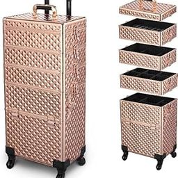 Adson Rolling Train Case 4-in-1 Portable Makeup Train Case Professional Cosmetic Organizer Makeup Vanity Traveling case Trolley Cart Trunk(Rose Gold)-picture-2