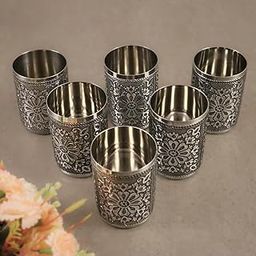 Stainless Steel Oxidised Floral Design Decorative Water/Juice Glass Set for Home/Return Gift Traditional Indian Style Set of 6 Glass/Tumbler (Silver Color), 250 ml.-image-45
