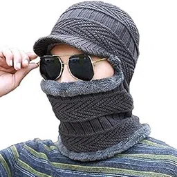 devil Hat and Scarf One Piece Hat, Winter Fleece Lining Wool Beanie Hat Neck Warmers Two in One for Men's & Women's (Grey)-picture-46